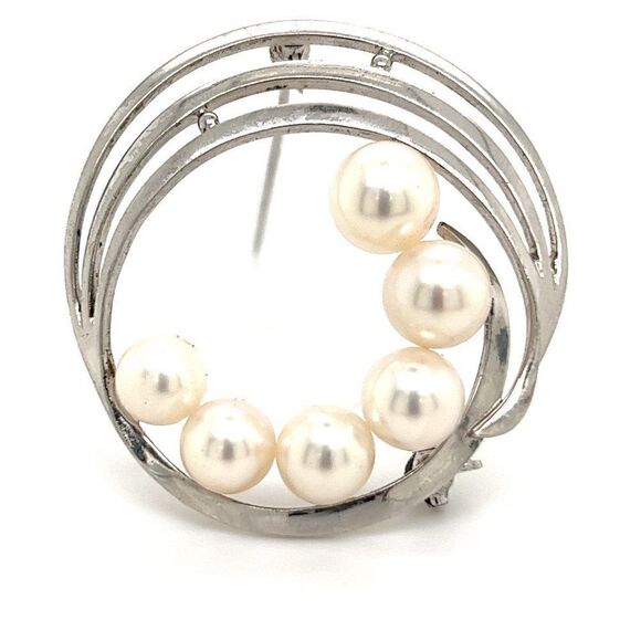 Mikimoto Estate Akoya Pearl Circle Brooch Sterling Silver 7.5 mm M264 - Picture 1 of 9